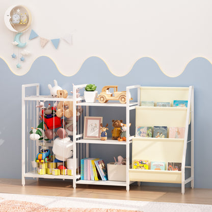 Kids Bookshelf and Toy Storage, 3-in-1 Book Shelf for Kids Rooms, Sling Baby Bookcase with Stuffed Animal Storage, Toddler Montessori Bookshelf for Nursery, Playroom, Kindergarten, White