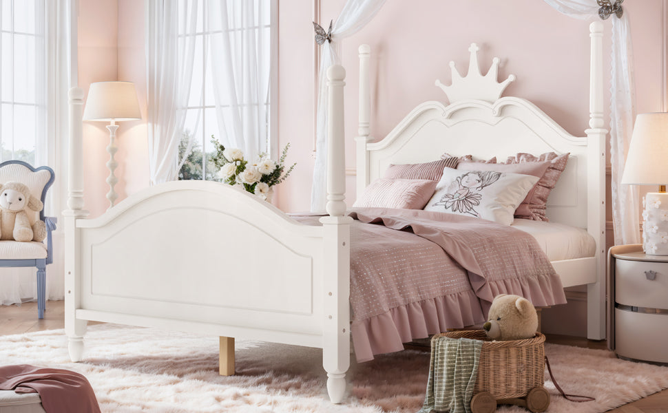 Full Size Crown Shaped Platform Bed, Four Poster Stylish Wooden Bed Frame, Elegant Curved Headboard Bed Frame For Bedroom,Beige