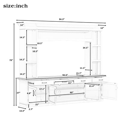 94.3' Extra Long Farmhouse TV Stand with 7-Color LED Lights, Adjustable Shelves & Storage Cabinets, Modern Entertainment Center Media Console for 65 Inch TVs for Living Room