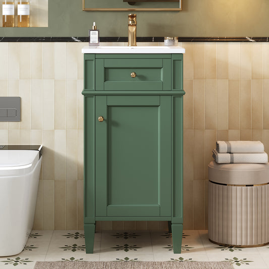 16-inch Bathroom Vanity with Ceramic Sink, Freestanding Single Vanity Set with Soft Closing Door, Adjustable Shelf, French Style, Solid Feet