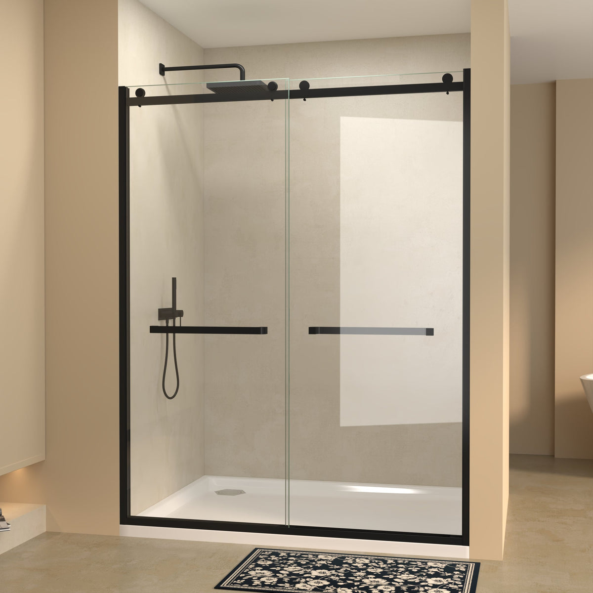 Semi-frameless Double Sliding Glass Shower Doors, 60" Width x 76"Height with 3/8"(10mm) Clear Tempered Glass, Matt Black