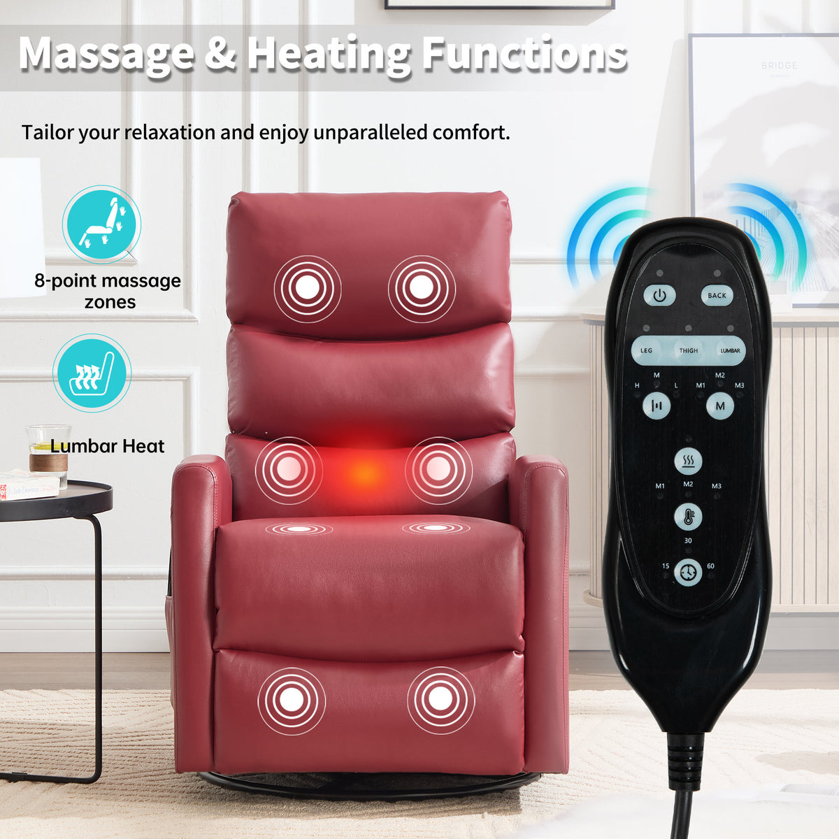 Heat Massage Manual Recliner Chair with Rocker and Swivel in Fabric, Red