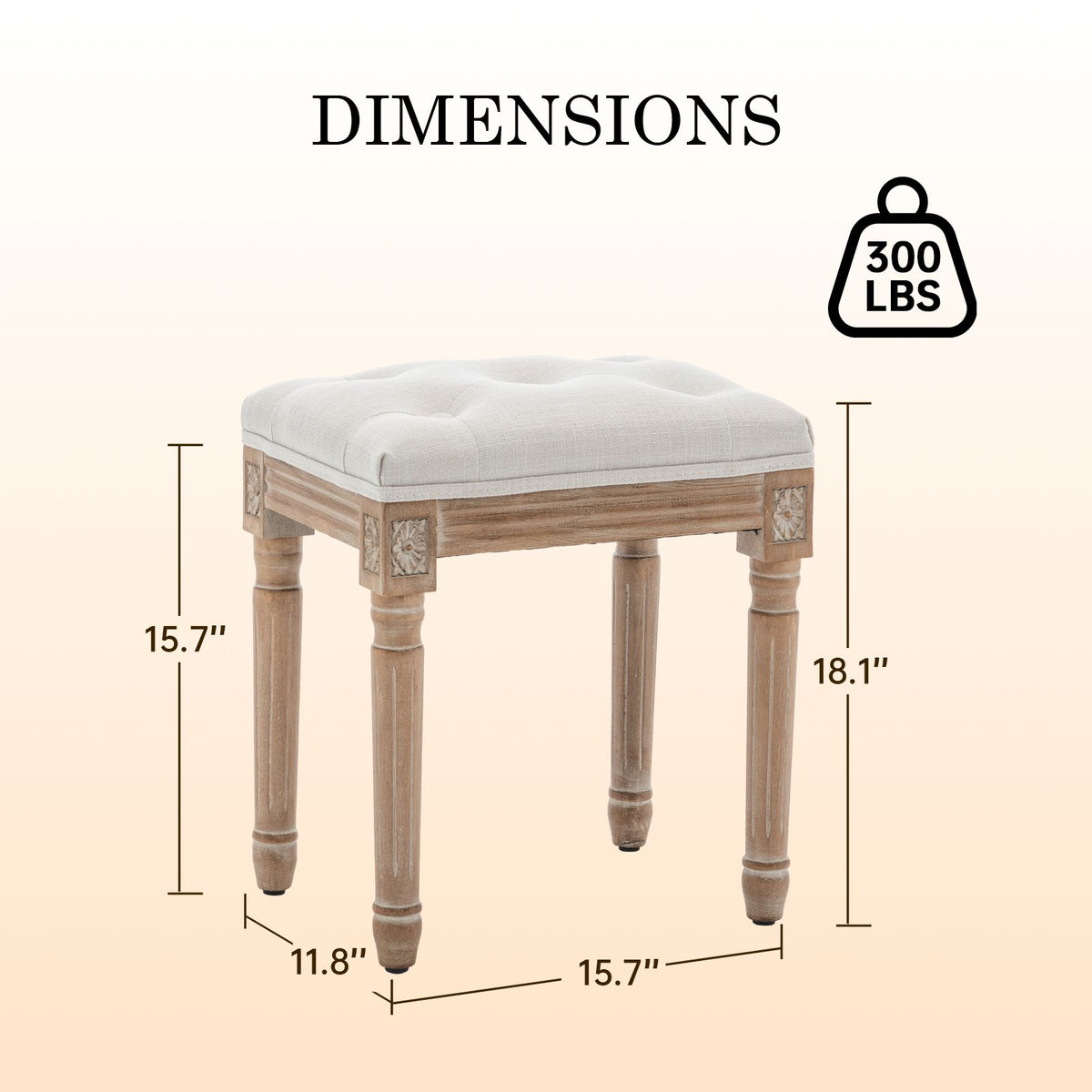 Tufted Vanity Stool with Linen Upholstery & Carved Solid Wood Legs, Dressing Bench for Bedroom, Beige