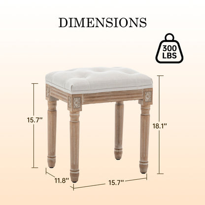 Tufted Vanity Stool with Linen Upholstery & Carved Solid Wood Legs, Dressing Bench for Bedroom, Beige