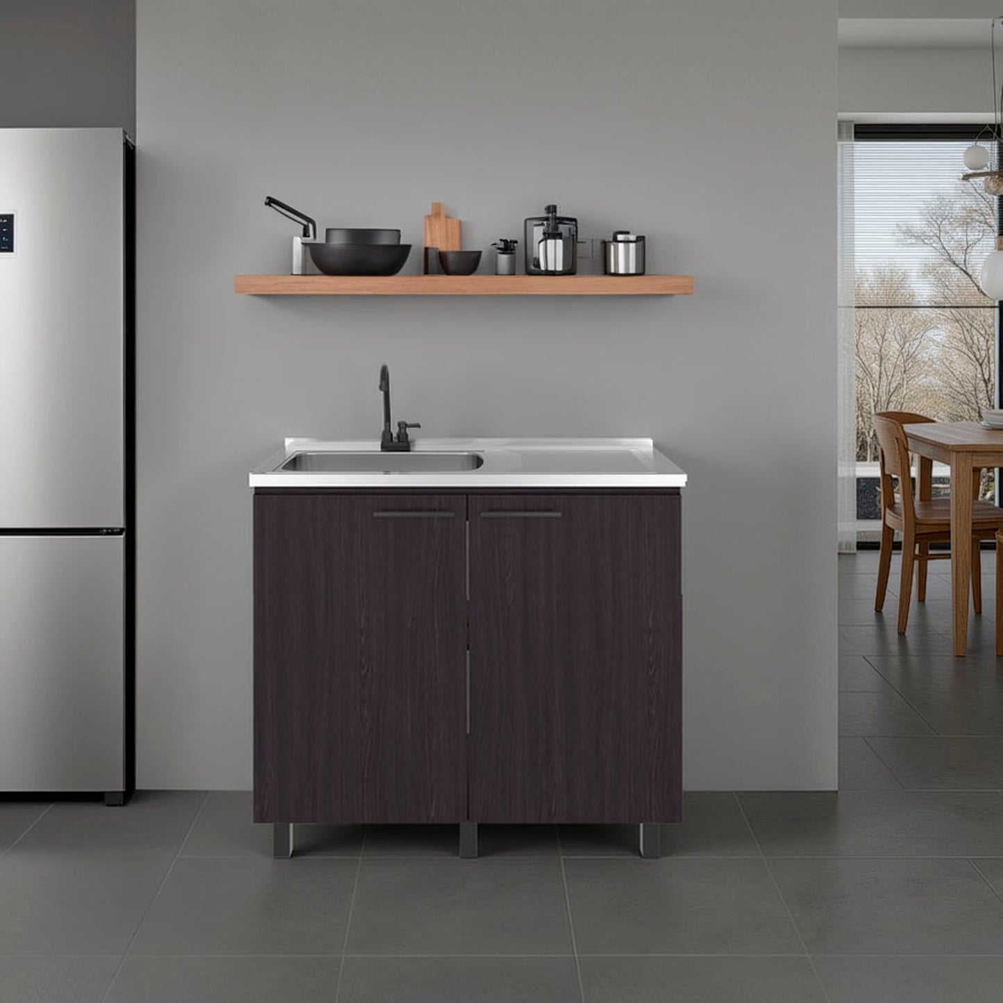 Napoles Utility Sink Complete with Faucet, Freestanding Base with Legs and Deep Stainless Steel Basin, Modern Multi-Purpose Sink for Kitchen, Laundry or Utility Room, Black + Dark Walnut