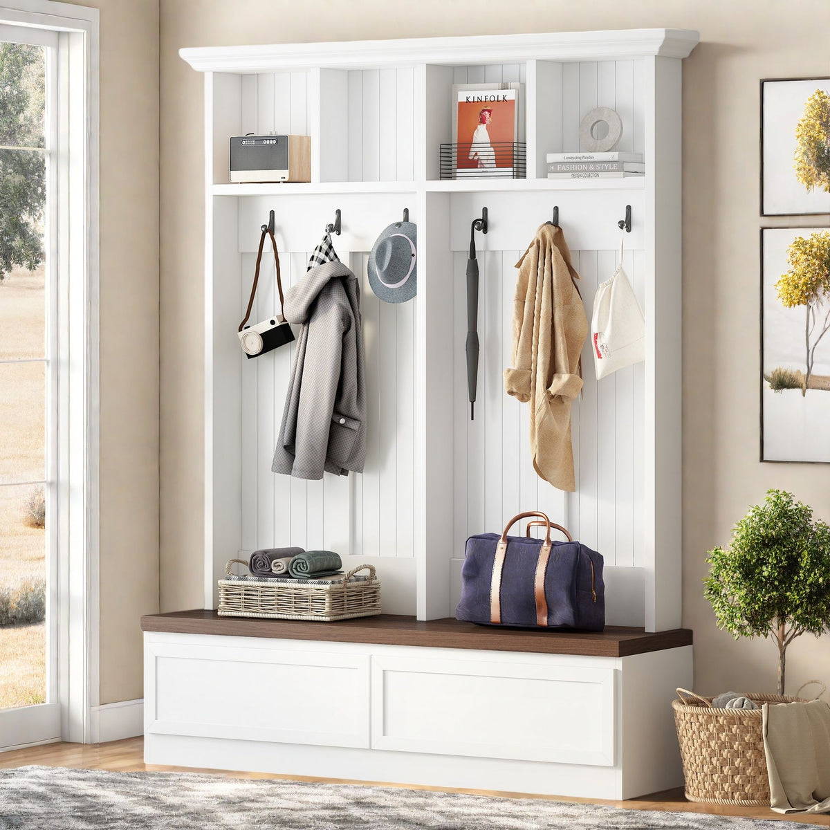 Farmhouse 4-in-1 Hall Tree with Wood Grain Bench, Mudroom Versatile Coat Rack with 2 Large Drawer, Entrance Organizer, White, 55.9" W