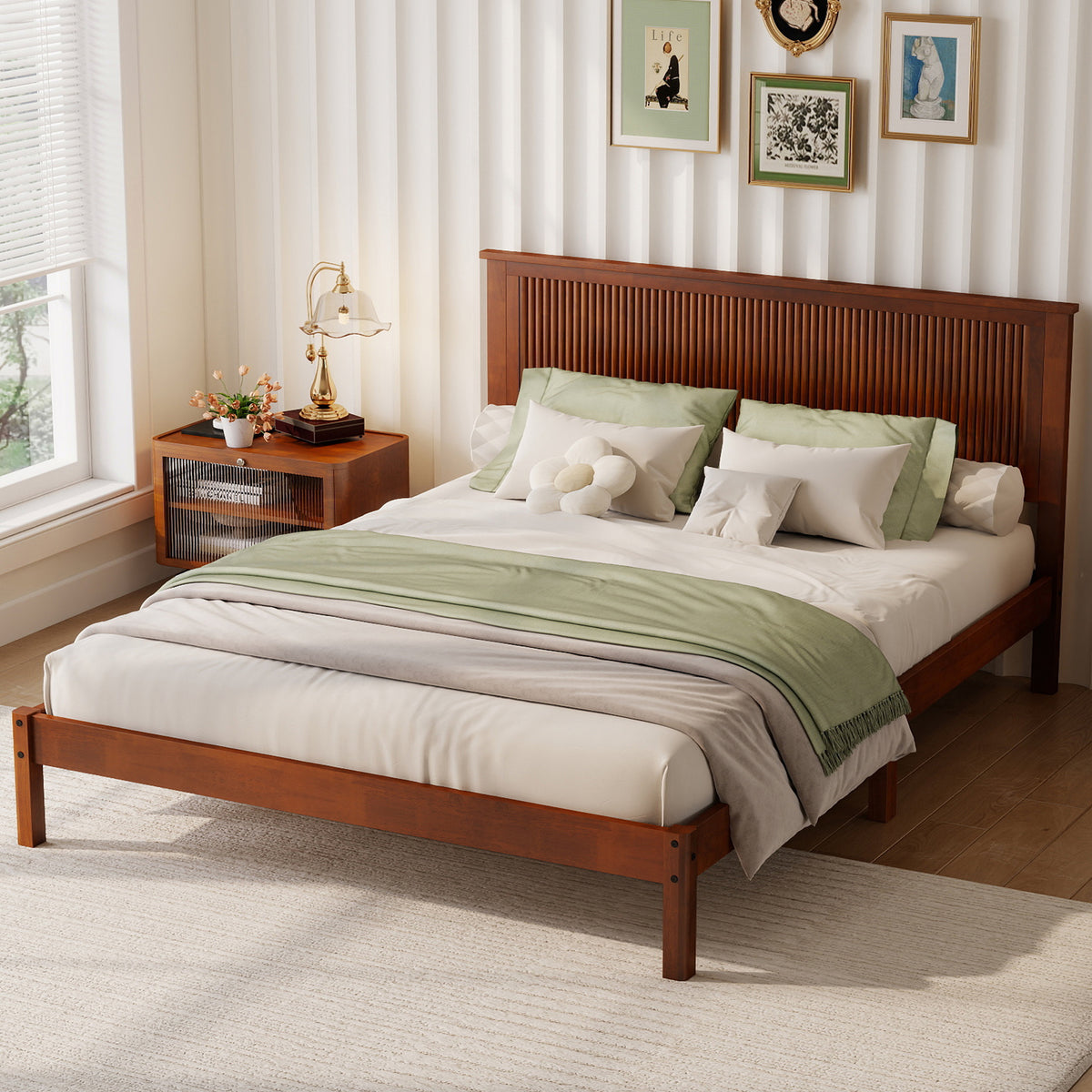 Queen Size Solid Rubber Wood Bed with Wave-Styled Headboard,Central Support Beams and Reinforced Platform Feet,Walnut