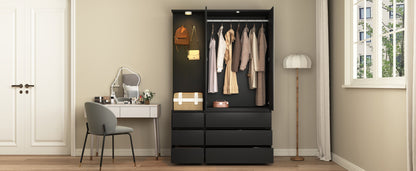 Wardrobe Closet 71.7" H, Bedroom Wooden Wardrobe with 2 Doors 6 Drawers – Black