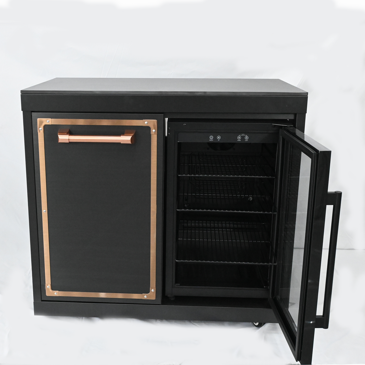 Luxury Black Titanium Outdoor Kitchen Island, 6-Burner 87,900 BTU Gas Grill with Infrared Rear Burner, 70L Refrigerator, Sink, Pull-Out Trash Bin, Rotisserie & Cover, Black/Rose Gold