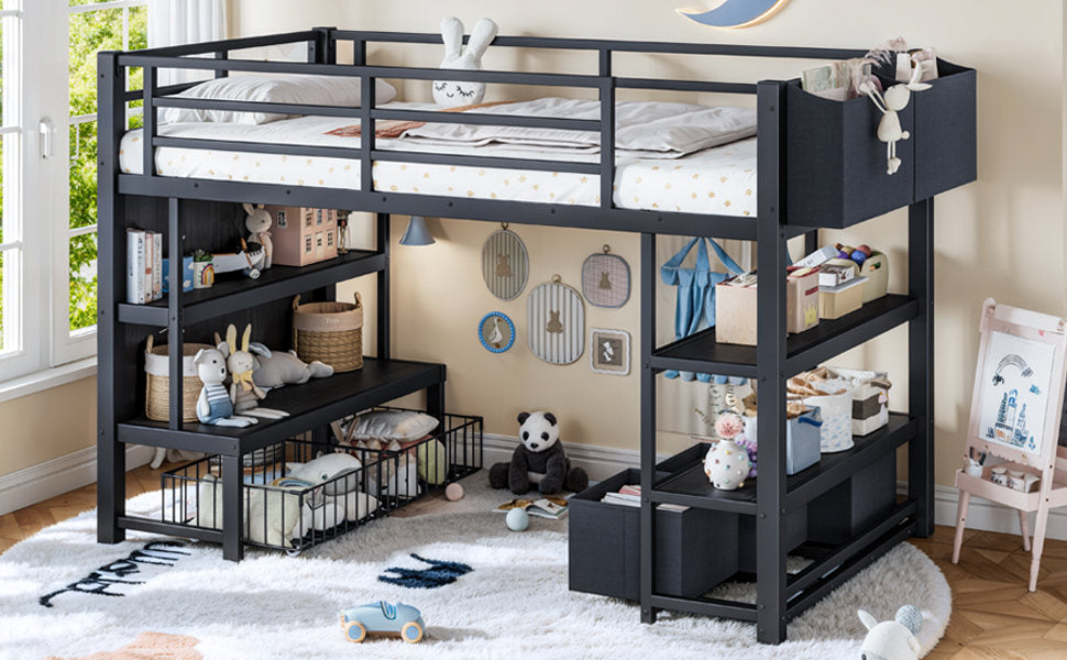 Twin Metal Low Loft Bed for Kids, Low Loft Bed with Storage Drawer, Low Loft Bed with Bookshelf & Storage Bag, Sturdy Low Loft bed Frame with Open Storage Space for Bedroom, Black