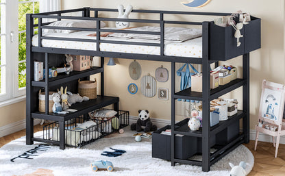 Twin Metal Low Loft Bed for Kids, Low Loft Bed with Storage Drawer, Low Loft Bed with Bookshelf & Storage Bag, Sturdy Low Loft bed Frame with Open Storage Space for Bedroom, Black
