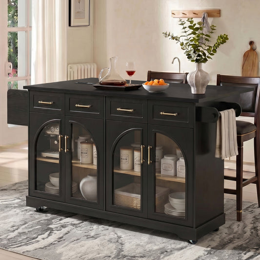 K&K 65" Kitchen Island with Storage & Drop Leaf, Rolling Island Cart on Wheels with Arched Glass Door, Power Outlet, Island Table for Kitchen with 4 Drawers, Spice Rack & Towel Rack, Black