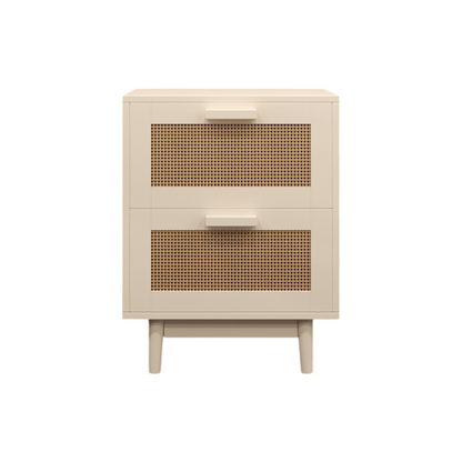 Rattan Nightstand with Wood Finish and 2 Faux Rattan Drawers, Antique Natural Color, Storage Side Table for Bedroom or Living Room