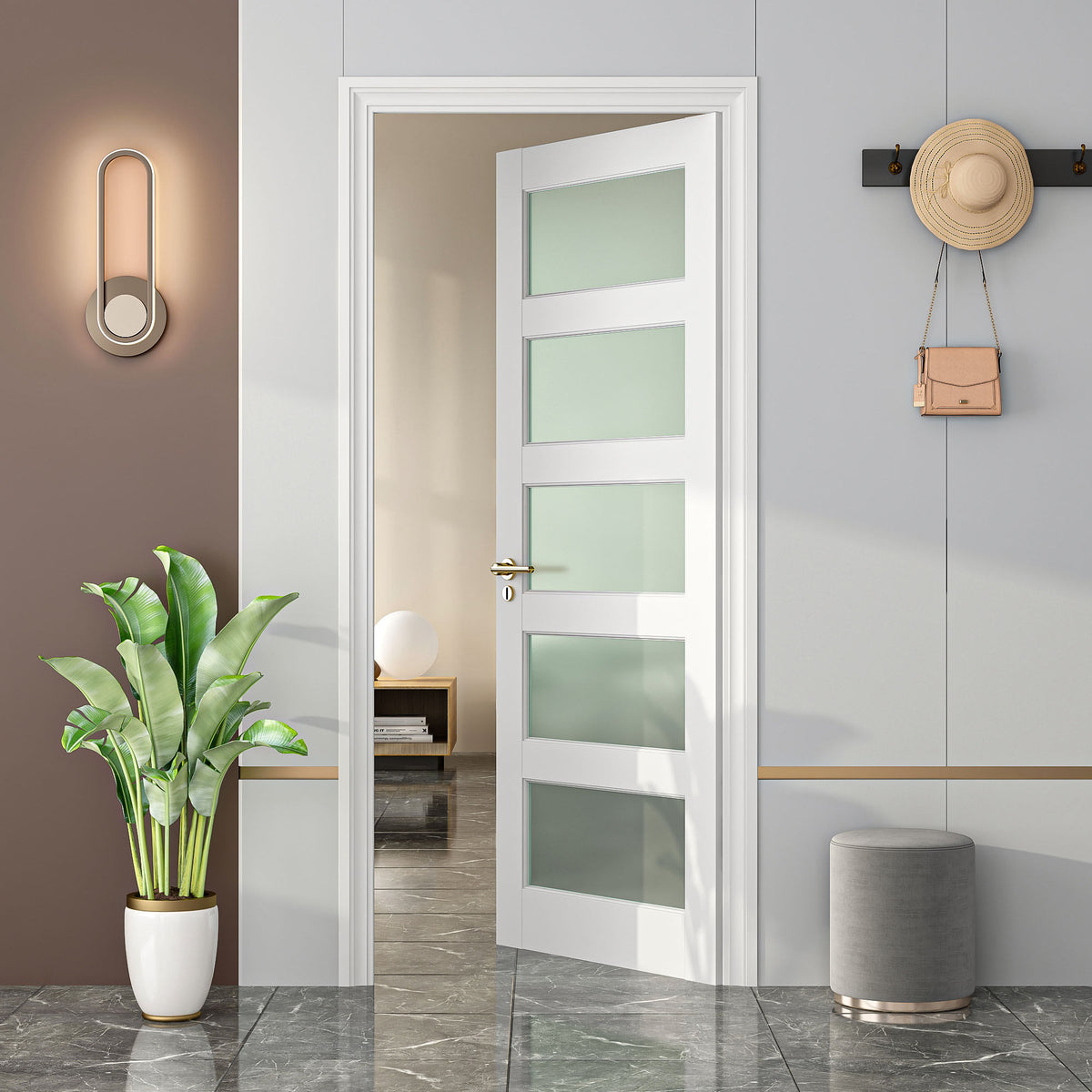 24" X 80"5-Lite Preassembled Frosted Glass French Door, for Closet Pantry Bedroom Livingroom Study Office, kitchen Barn Doors-Shaker w/o Hardware,Whit