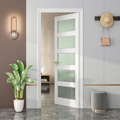 24" X 80"5-Lite Preassembled Frosted Glass French Door, for Closet Pantry Bedroom Livingroom Study Office, kitchen Barn Doors-Shaker w/o Hardware,Whit
