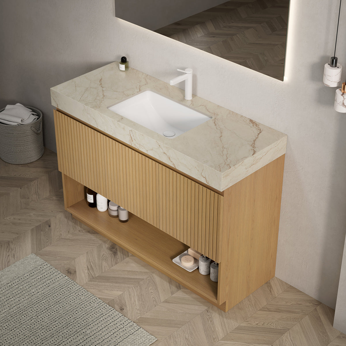 FINO 48" Bathroom Vanity&Sink,Freestanding Cabinet,Cream Gold Vein Sintered Stone Top&Ceramic Basin with 1 Pre-drilled Faucet Hole, Disassembled, Faucet & Drain Excluded, Corolla Oak Woodgrain Color