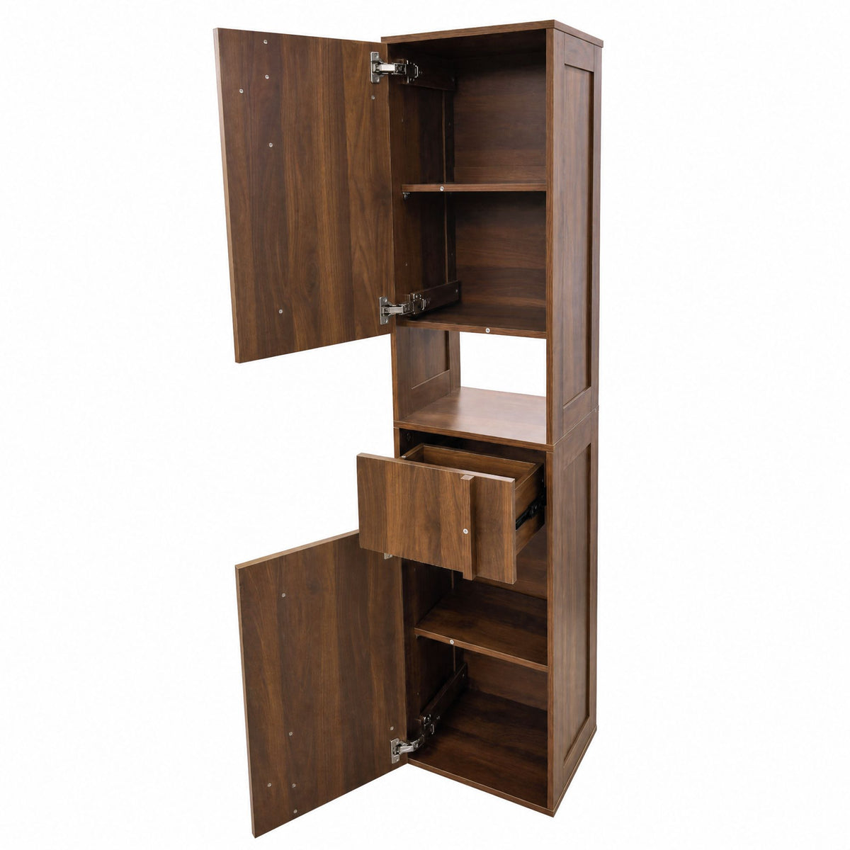 Tall Narrow Storage Cabinet, Wooden Freestanding Bookshelf with Doors & drawer, Slim Display Bookcase for Living Room, Bedroom, Home Office