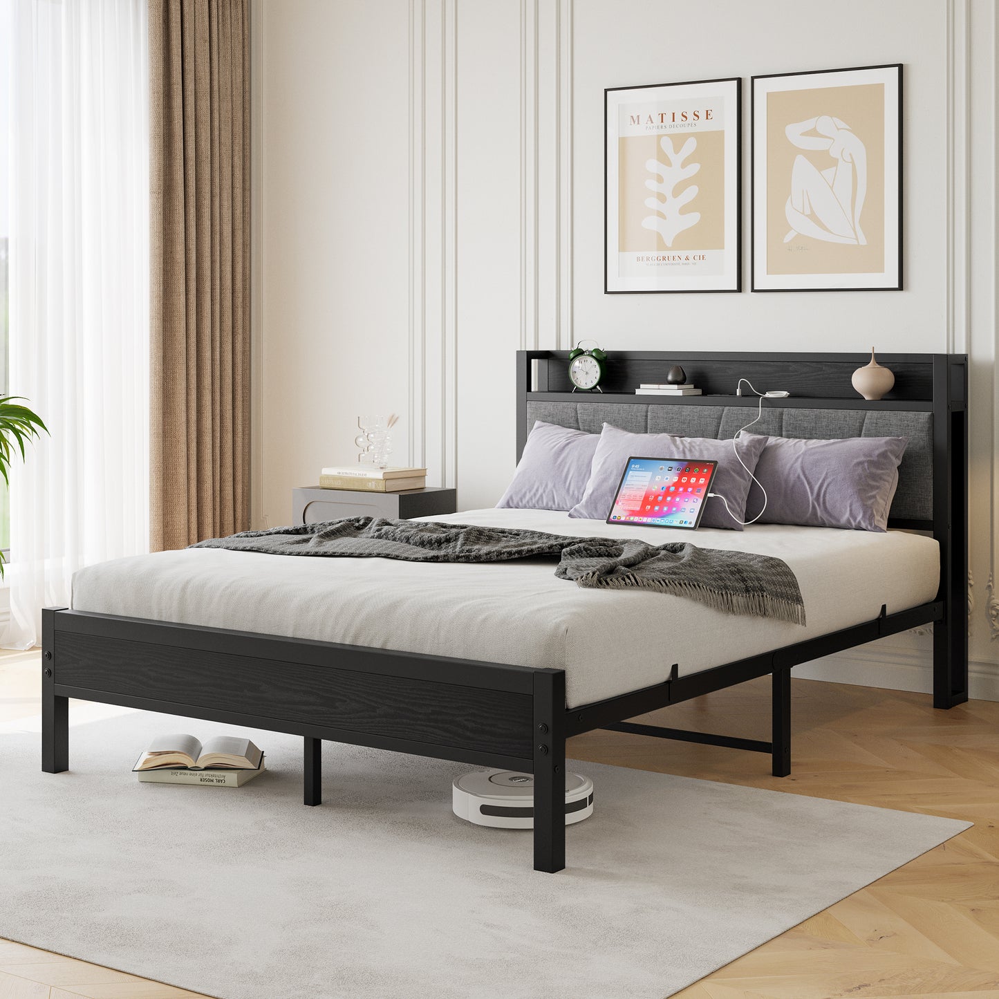Queen Size Bed Frame, Storage Headboard with Charging Station, Solid and Stable, No Box Spring Needed, Easy Assembly