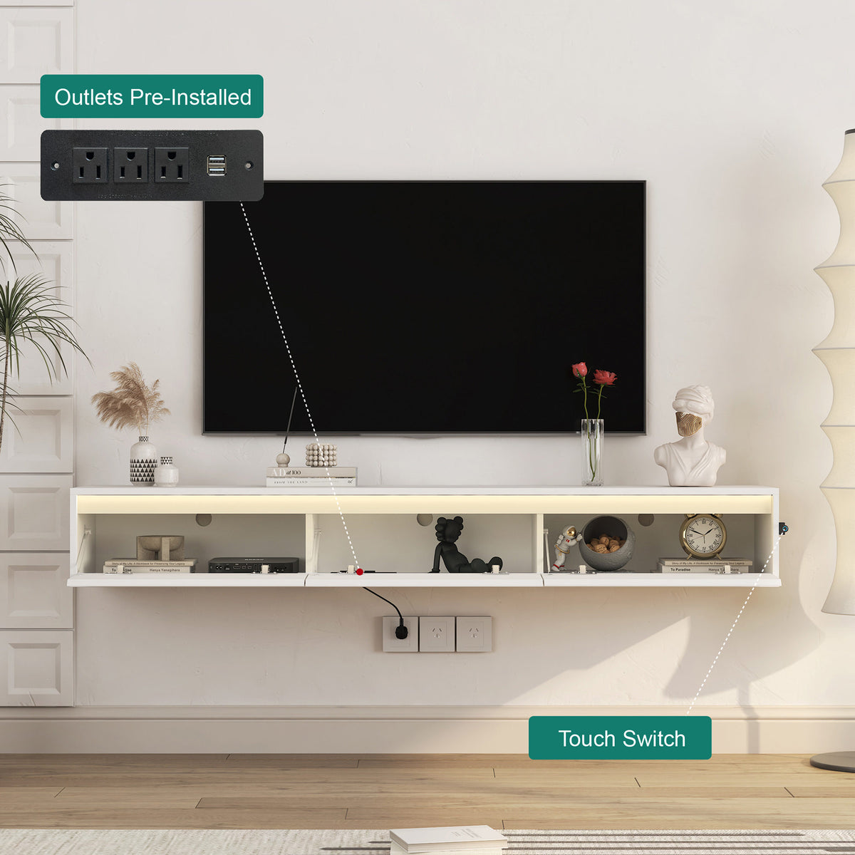Floating TV Stand, Wall Mounted TV Shelf with Led Lights & Power Outlet, Cabinet for High Gloss tv Stands for Living Room