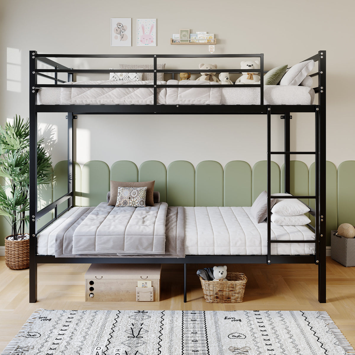 Metal bunk bed (single bed), suitable for children/teenagers/adults. 14.17-inch high guardrails. Single bunk with 19 crossbars and a weight capacity of over 400 lbs. Under-bed storage. Black.