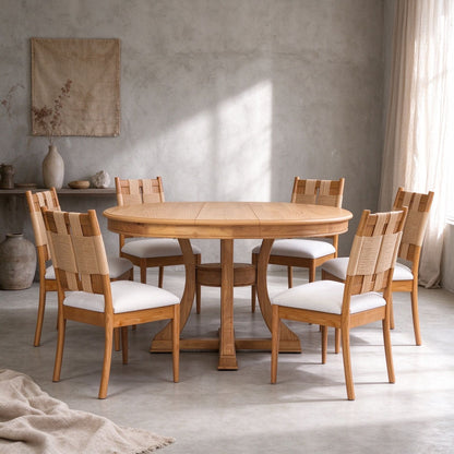 Natural Wood Round Extendable Dining Table Set of 7, 6pcs Rope Woven Back Dining Chairs with Upholstered seats, Natural Oak Finish Dinner Table Set for Kitchen Dining Room