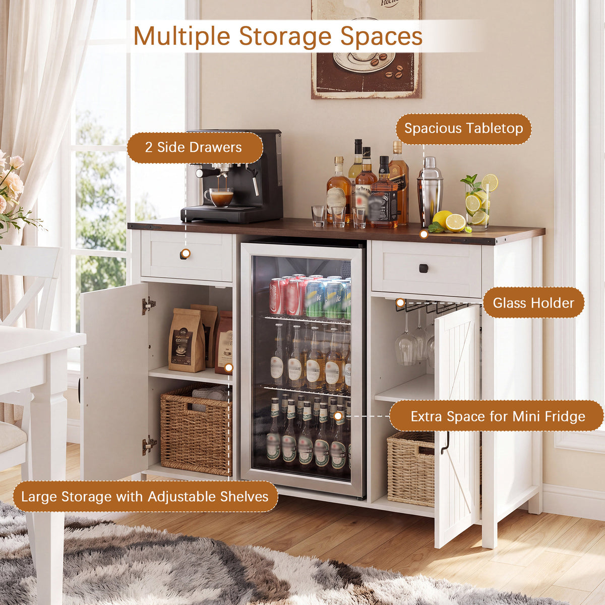 Farmhouse Coffee Bar with Mini Fridge Space & Built-in Charging Station,Large Bar Cabinet with Drawers & Adjustable Shelves for Kitchen, Dining Room, or Living Room, White