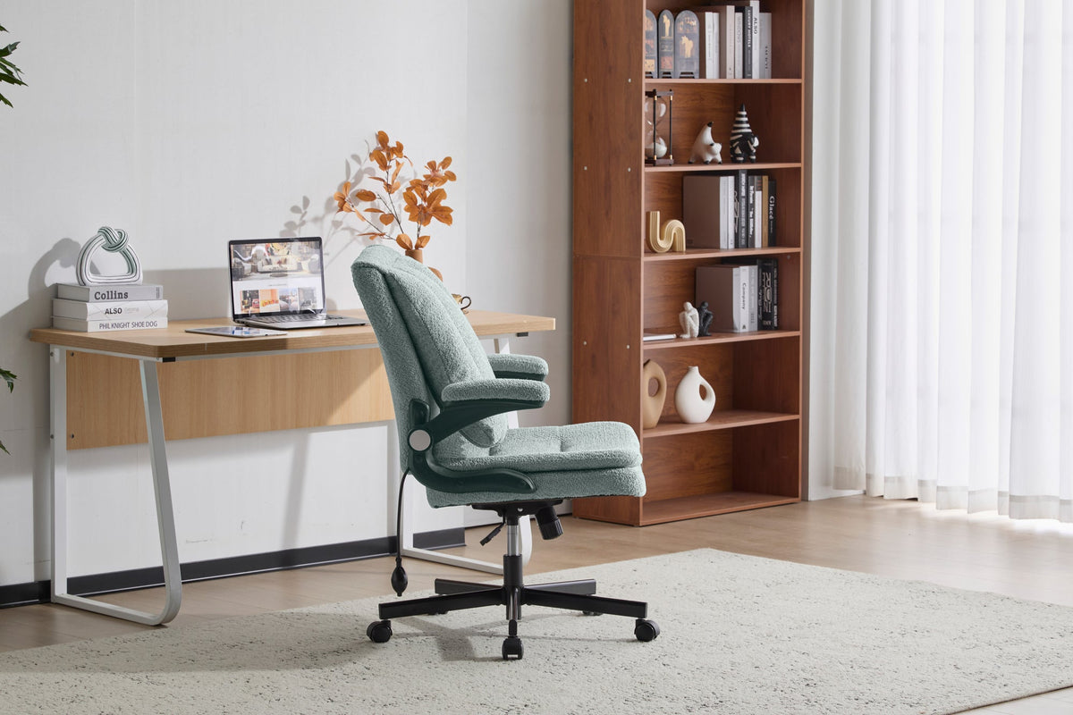 Criss Cross Legged Office Chair with Flip-Up Back Built-In Dynamic Airbag Lumbar Support, Wide Seat Desk Chair with Flip-Up Arms and Wheels, Modern Cross-Leg Chair for Home Office, Vanity, Light Green