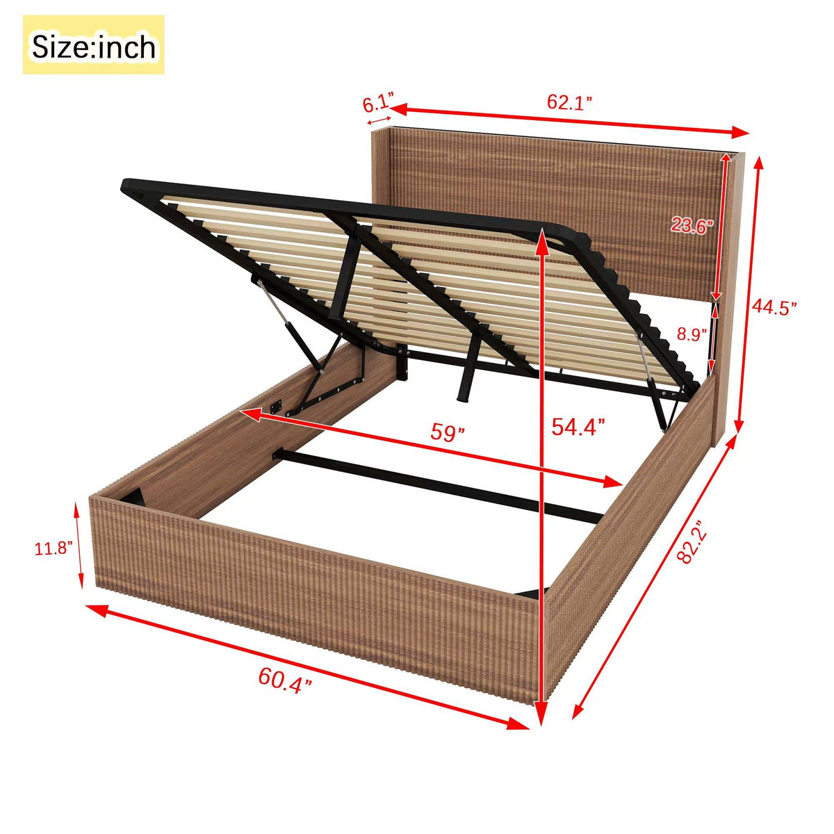 (Queen size) bed frame with a grooved and undulating lifting storage function, featuring a lifting storage feature, safe and beautiful / without noise, a wooden slat platform bed frame in a natural