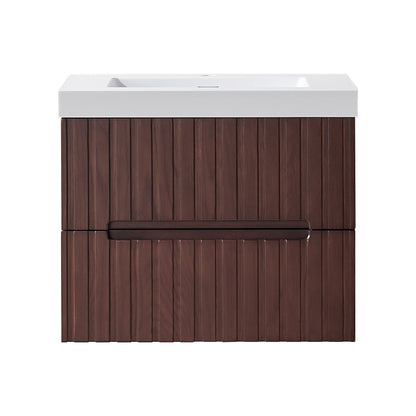 24' Wall Mounted & Floating Single Dark Walnut Bathroom Vanity with Acrylic Integrated White Basin, Pre-assembled Plywood Cabinet With 2 Drawers