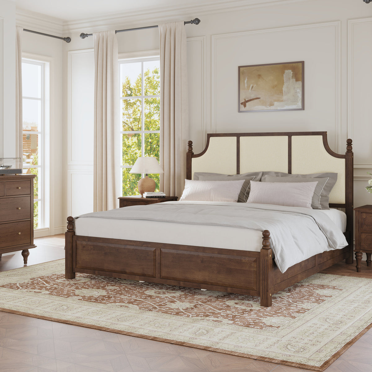 King Size Farmhouse Solid Wood Platform Bed Frame, with 50.8" Tall Beige Linen Upholstered Headboard, decorative turned bed posts, No Box Spring Needed, Walnut