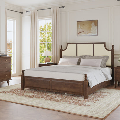 King Size Farmhouse Solid Wood Platform Bed Frame, with 50.8" Tall Beige Linen Upholstered Headboard, decorative turned bed posts, No Box Spring Needed, Walnut