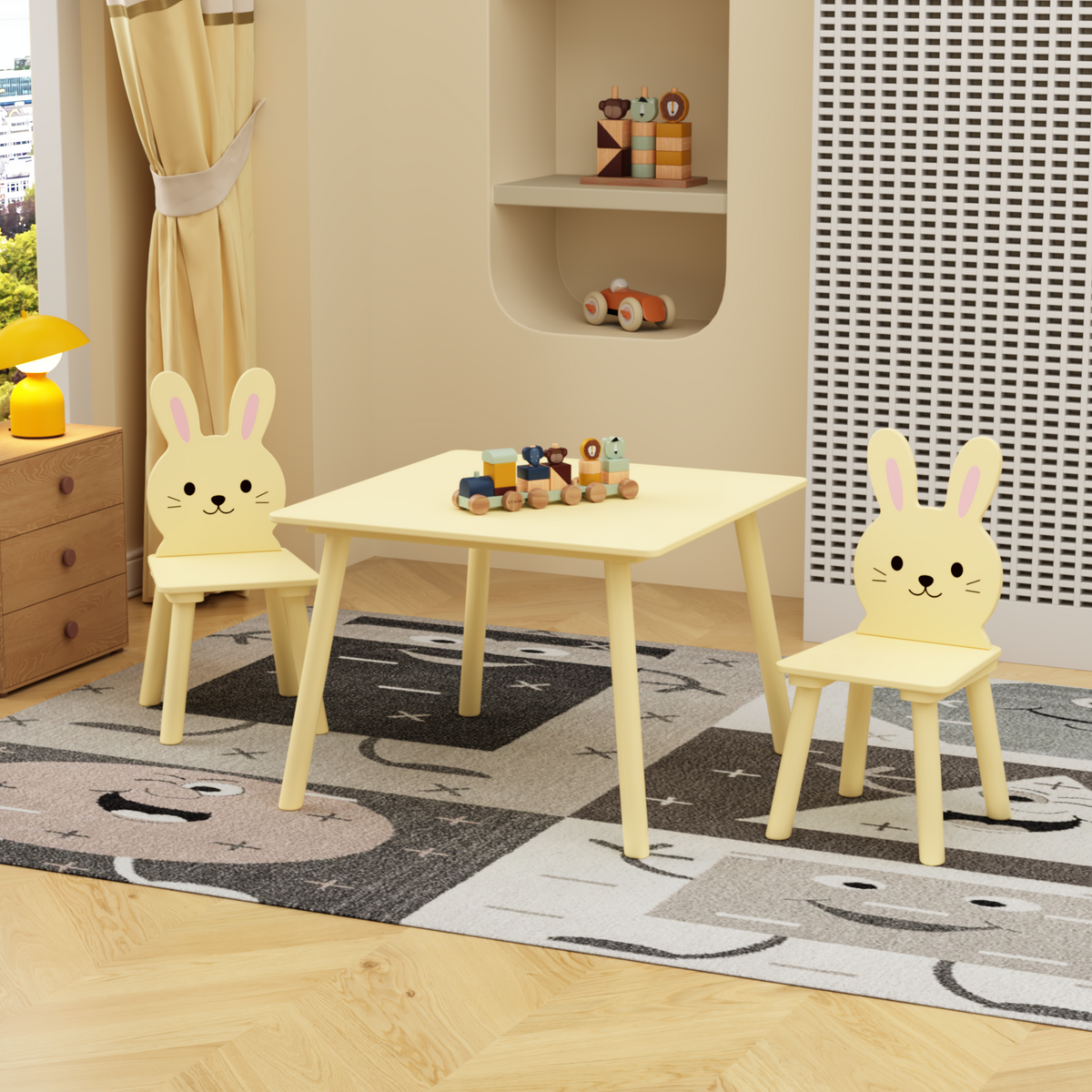 Kids Table and Chair Set with 2 Bunny Chairs, Children's Wooden Activity Table for Toddlers, Cute Animal Design Study Play Set