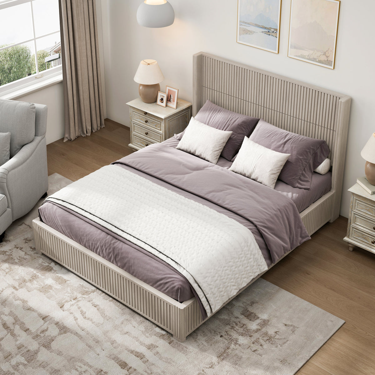 (ETA:9.21-AT:25) Solid Wood Platform Bed Frame with Headboard, No Box Spring Needed, Floor-standing bed, Easy Assembly, Queen Size, Beige