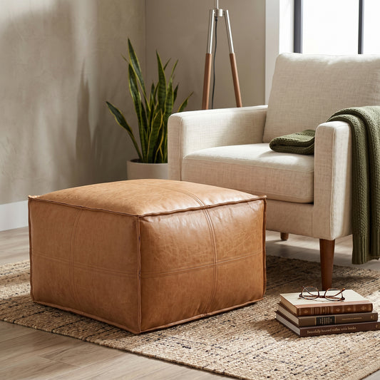 Brody 24 inch Wide Square Pouf in Distressed Camel Brown Vegan Leather