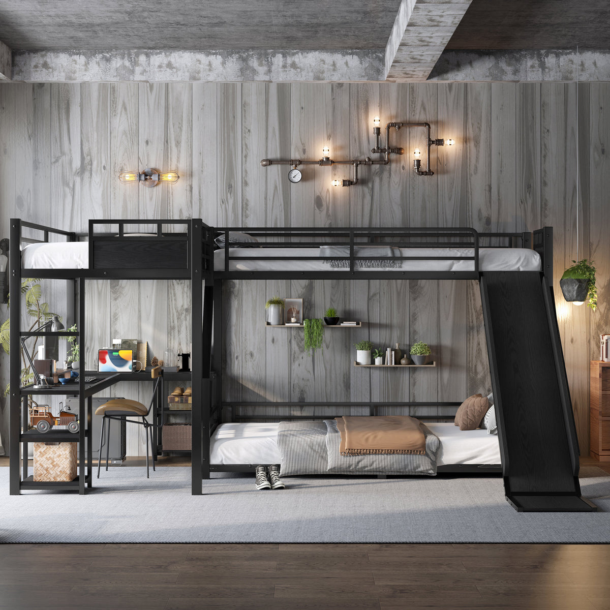 L-Shaped Metal Bunk Bed (Top bed: twin xl, bottom bed: queen) with Single Loft Bed, Desk, and Storage Shelves, USB Charging Port Included - Metal Triple Bunk Bed with Slide,B