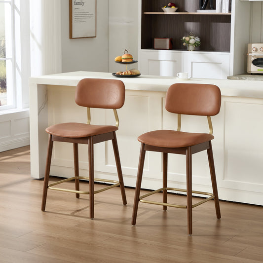Wooden Bar Stools Set of 2, Modern Vinyl Upholstered Bar Chairs Kitchen Chairs, Farmhouse Dinner Chair for Kitchen Dining Room Bar