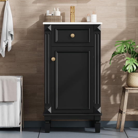 18-inch Bathroom Vanity with Ceramic Sink, Freestanding Single Vanity Set with Soft Closing Door, Adjustable Shelf, French Style,Black