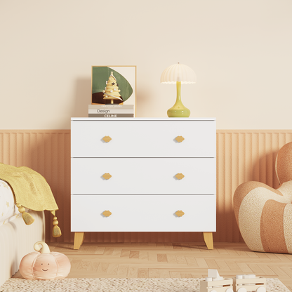 Kids Dresser with 3 Drawers, Wooden Cloud Handles & Pine Legs, MDF Chest of Drawers for Kids Room, Nursery Storage Cabinet, White