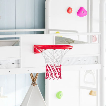 Twin size metal loft/bunk bed with basketball hoop, pull-up rings, climbing wall, and built-in bookshelves. Playful children's design featuring a slide,White.