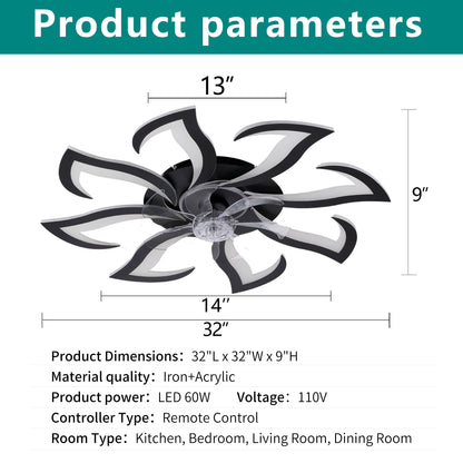 Black Flower Modern Ceiling Fan with LED Dimmable Light, 32inch Flush Mount Ceiling Fan with Remote Control for Bedroom, High-Efficiency DC Motor, 6-Speeds, Timing Function
