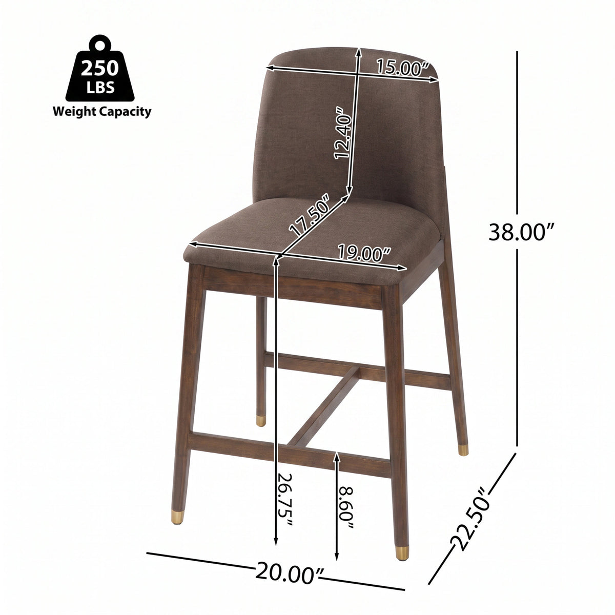 Clara Indoor Wooden Upholstered Counter stool, Walnut Finish with Taupe Cushion, Set of 2
