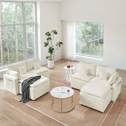 132" Cloud Modular Sectional Sofa, Deep Seat U Shaped Couch with Ottoman, Chenille Upholstered Sofa with Chaise, Plush Cushions, 6 Seat Modern Comfy Couch for Living Room & Apartment, Beige