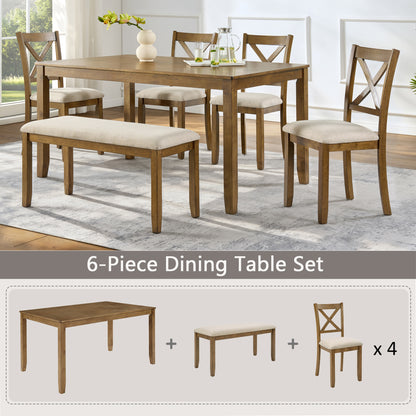 Oak Finish 6-Piece Dining Table Set – Large Rectangular Table with Upholstered Bench & 4 X-Back Chairs, Solid Rubberwood Frame, Farmhouse Kitchen Furniture for Family Dinners & Gatherings