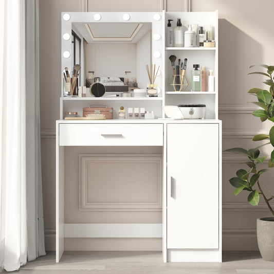 Vanity Desk with Mirror & Light, Large Drawer Three Level Storage Dresser, 3 Lighting Modes Adjustable Brightness, Bedroom Dressing Table - white