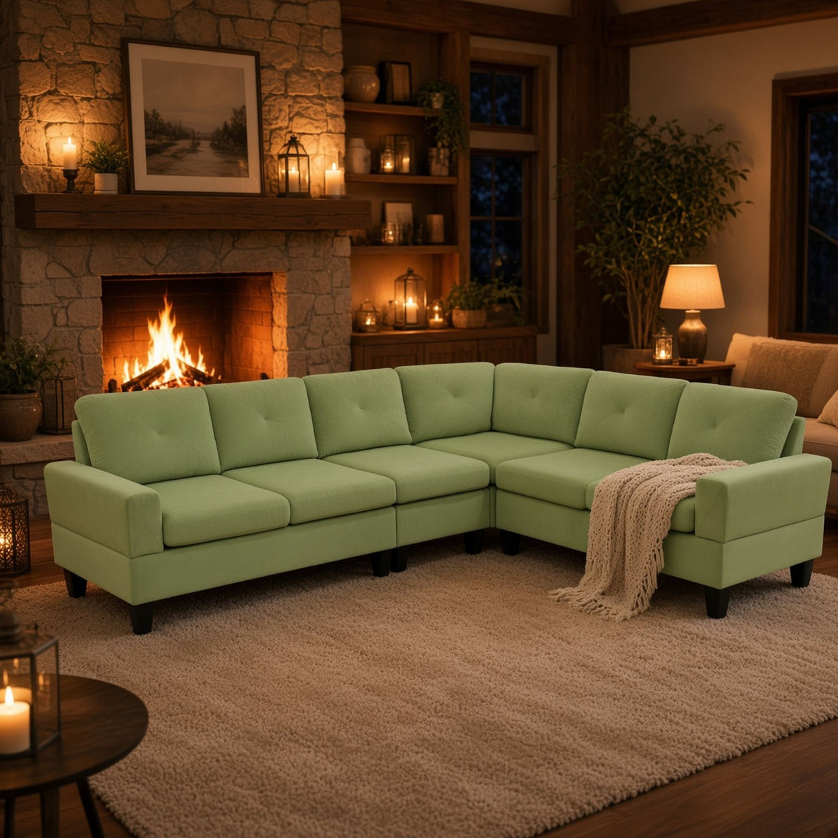 95.5 x 75 Inches Width Apple Green Modular L-Shaped Sectional Sofa 6-Seater 4-Piece Massa Flannel  Fabric Couch with Chaise