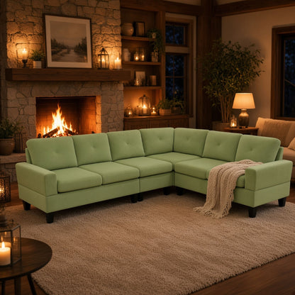 95.5 x 75 Inches Width Apple Green Modular L-Shaped Sectional Sofa 6-Seater 4-Piece Massa Flannel  Fabric Couch with Chaise