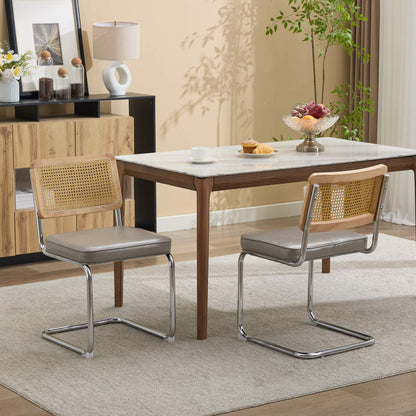 Dining Chairs Set of 2,Mid‑Century Modern Cane Rattan Dining Chair with Solid Wood Frame,Faux Leather Upholstered Seat,Cantilever Chrome Metal Frame Armless Side Chair for Kitchen Dining Room,SW1751GG