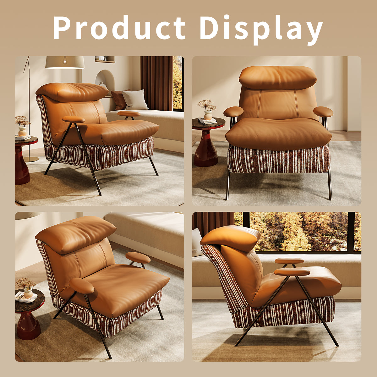 Minimalist casual single chair with solid wood frame, upholstered in leather and chenille fabric. It provides perfectly balanced soft-firm seating comfort and fits balconies, living rooms and bedrooms