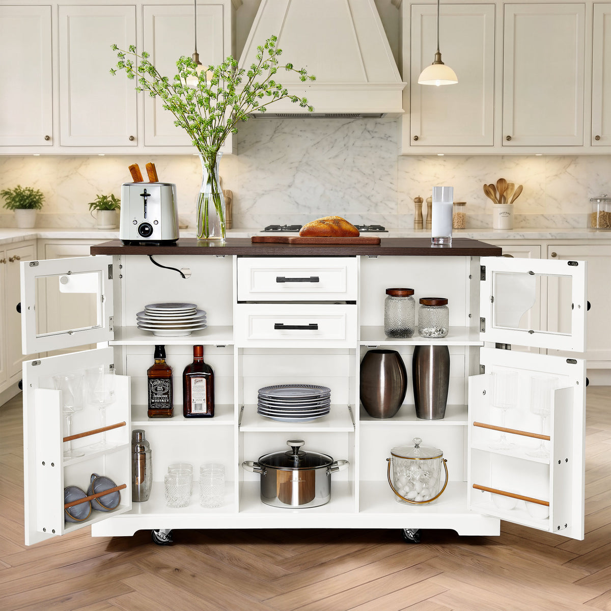 47.2" Kitchen Island with Drop Leaf, Power Outlet, Rolling Kitchen Storage Cart on 4 Wheels with 4 Door Shelves, Cross Barn Doors & Visual Glass Door for Kitchen,White