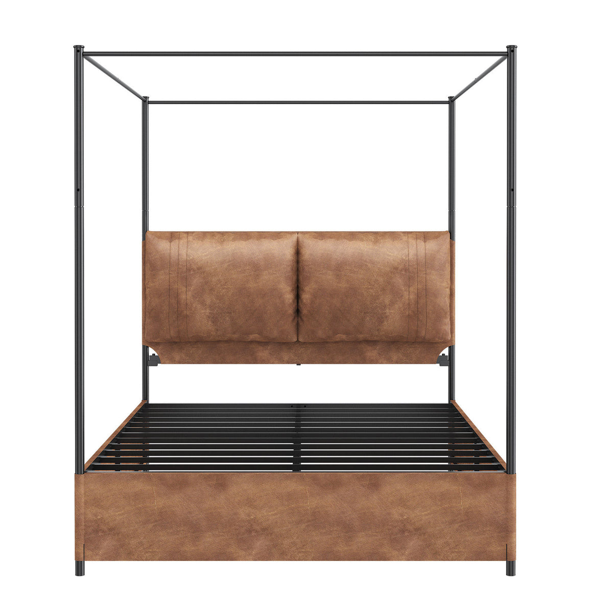 Queen Canopy Bed Frame,  Faux Leather Upholstered Bed with Metal Frame, Four Poster Platform Bed, No Box Spring Needed, Rustic Brown